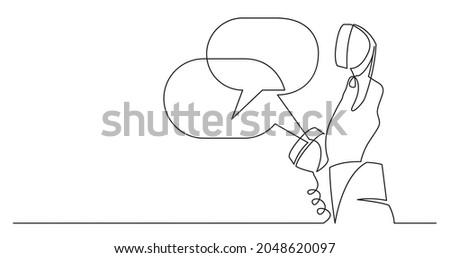 one line drawing of woman hand holding phone receiver with speech bubbles with copy space
