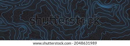 Blue on Black contours vector topography stylized height of the lines. The concept of a conditional geography scheme and the terrain path. Ultra wide size. Map on land vector terrain Illustration. Royalty-Free Stock Photo #2048631989