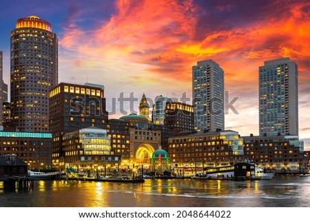 Panoramic view of Boston cityscape at night, USA