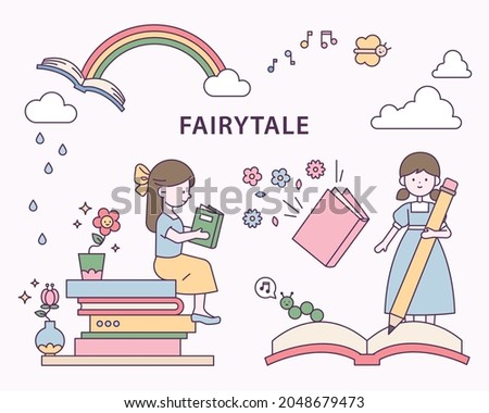 A cute little girl is sitting on a stack of books and reading a book. Cute little girl is holding a pen and writing in a notebook. outline simple vector illustration.