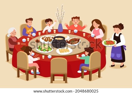 Asian family group having reunion dinner on the round table at a restaurant on beige background