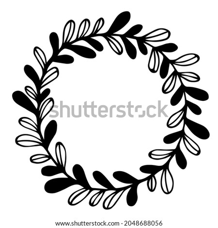 Wreath of branches and leaves vector icon. Hand-drawn illustration. Garland of black and white leaves. Monochrome seasonal concept for decoration and design of cards, stationery, textiles.