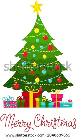 The Christmas tree. Jewelry, gifts. Merry Christmas. Vector illustration for postcards, banners, the Internet, decor, design, art, calendar. Greeting card template "Year of the Tiger" 2022.
