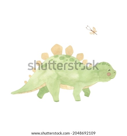 Stegosaurus dinosaur. Watercolor cute animal for nursery poster, invitation, card. On white background