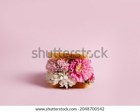 Delicious homemade sandwich with flowers on pastel pink background. Creative floral bloom concept. Minimal spring or summer food theme. Abstract visual trend. Royalty-Free Stock Photo #2048700542