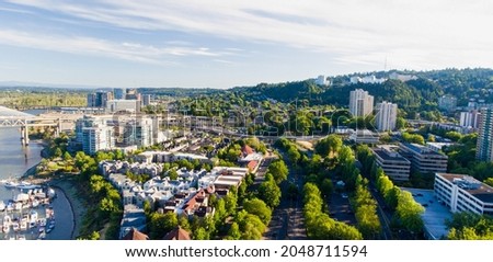 Aerial view of Portland skyline along Willamette river.