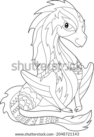 Fancy dragon on white background. Contour illustration for coloring book with fantasy reptile. Anti stress picture. Line art design for adult or kids in zentangle style, tattoo and coloring page.
