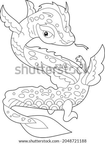 Fancy dragon on white background. Contour illustration for coloring book with fantasy reptile. Anti stress picture. Line art design for adult or kids in zentangle style, tattoo and coloring page.
