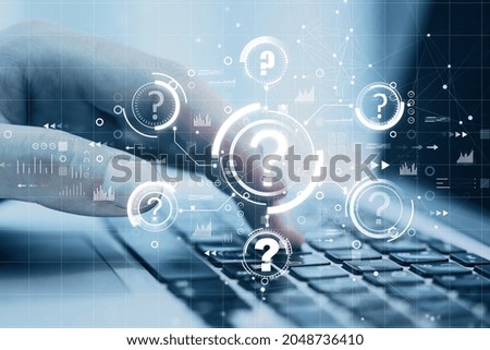Close up of businessman hand typing on laptop keyboard with abstract glowing question marks interface on blurry bokeh background. Technology, faq, online help, problem solution concept. 