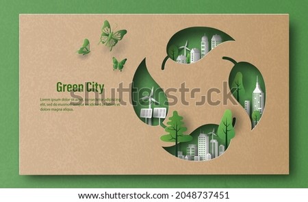 A leaf recycling symbol with green city, ecology and energy concept, paper illustration, and 3d paper. Royalty-Free Stock Photo #2048737451