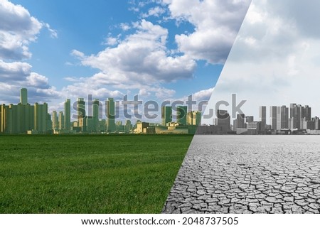 Collage of City with green field and blue sky and City with desert and grey sky. Decarbonization and carbon neutrality concept Royalty-Free Stock Photo #2048737505