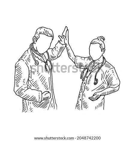 High Five.	a male doctor feels happy, high fives with a female doctor, a successful team work.	Retro vintage sketch vector illustration. Engraving style. black isolated on white background. vector 