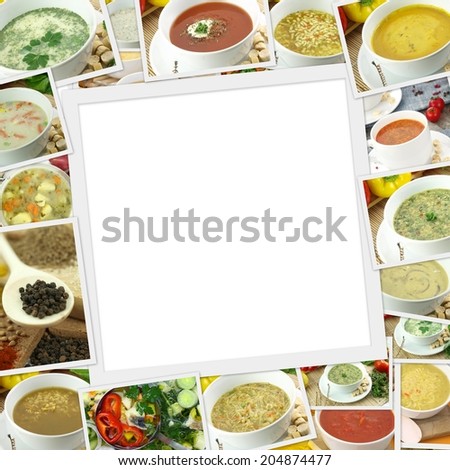 Photos collection of different types of soup with copy space 