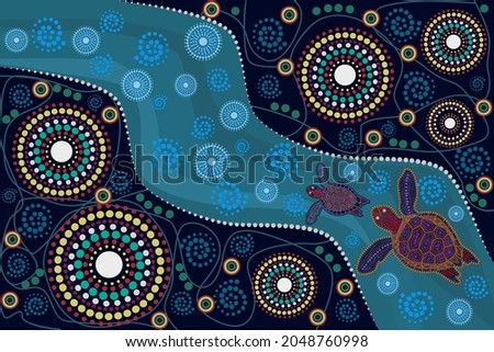 
Landscape with turtles in decorative ethnic style.Australia culture art  with river and tortoise.Aboriginal style of dot painting.For flyer,poster, banner, placard, brochure.Stock vector illustration