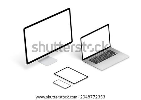 Responsive devices mockup i isometric position with white background. Isolated computer display, laptop, tablet and phone display. Royalty-Free Stock Photo #2048772353