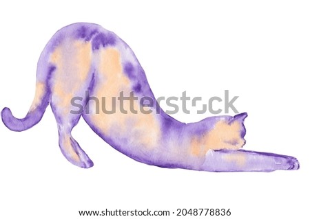 hand drawn watercolor purple orange cat on white background