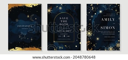 Star and moon themed wedding invitation vector template collection. Gold and luxury save the dated card with watercolor and gold sparkles and brush texture. Starry night cover design background. Royalty-Free Stock Photo #2048780648