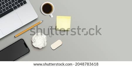 Workspace work desk mockup, realistic  design, on grey background, in vector format