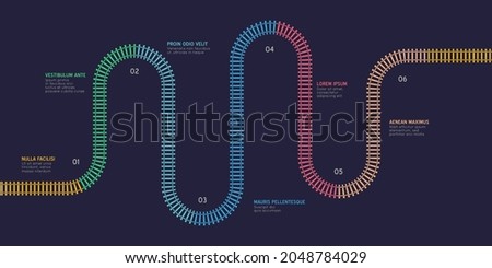 Railroad tracks infographic. Vector flat style ciry railway scheme. Subway stations map top view. Industrial transport maze colorful illustration. Royalty-Free Stock Photo #2048784029