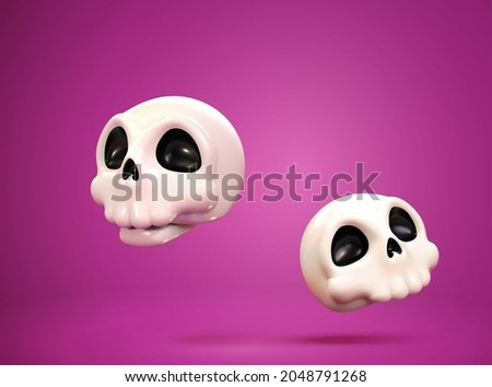 3d cute skulls isolated on purple background. Elements suitable for Dia de los Muertos or Halloween