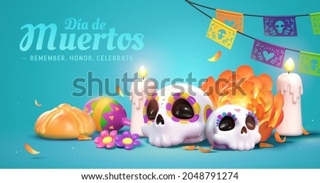 Dia de muertos altar concept. Composition of sugar skulls, white candles, marigold flowers, papel picado and bread of the dead. 3d illustration Royalty-Free Stock Photo #2048791274
