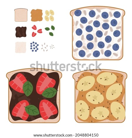 set of sweet sandwiches with used ingredients