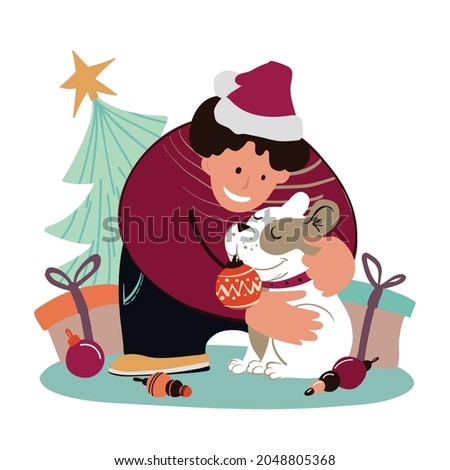 A young man guy is decorating a Christmas tree with his dog assistant French Bulldog. Vector illustration. Cute characters