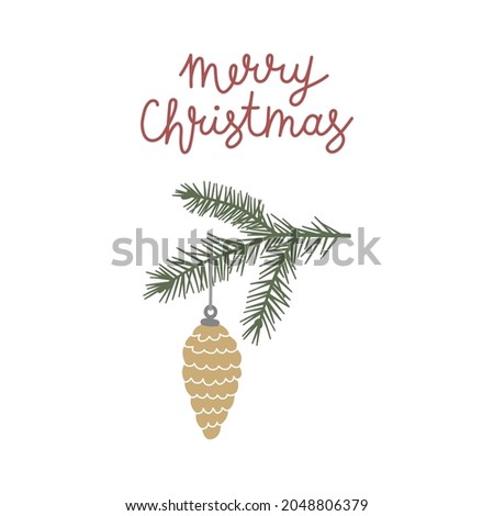 Vector illustration clipart of a christmas ball. Hand drawn gold boubl with a pine tree branch isolated on white background. Merry Christmas Lettering.