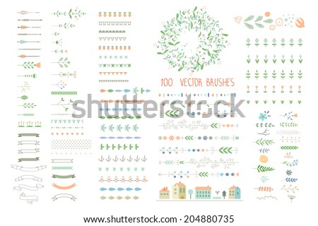 Floral decor set. 100 different vector brushes and decor elements. Isolated.