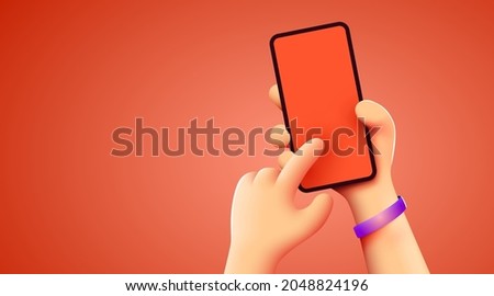 Holding phone in two hands. Phone mockup. Editable smartphone template. Touching screen with finger. Vector illustration  Royalty-Free Stock Photo #2048824196