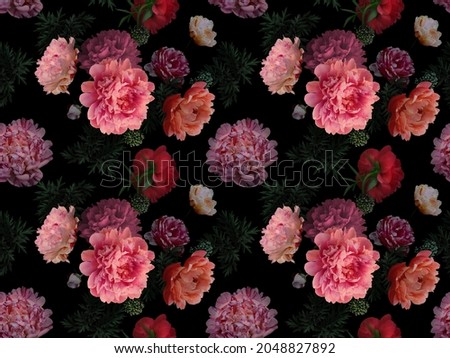 Floral summer seamless pattern. Garden flowers peonies and leaves on black background. Nature illustration. Template for fabrics, textiles, paper, wallpaper, interior decoration. Vintage. Royalty-Free Stock Photo #2048827892