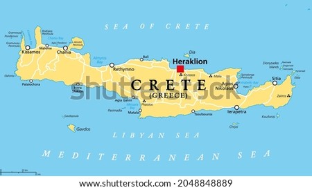 Crete, Greek island, political map, with capital Heraklion. Largest island of Greece and fifth largest in the Mediterranean Sea. With the major Minoan settlements Knossos, Phaistos, Malia and Zakros. Royalty-Free Stock Photo #2048848889