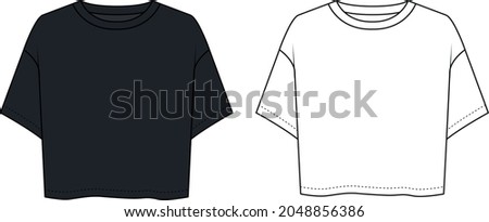Crew neck jersey t-shirt technical fashion illustration with short sleeves, oversized body, tunic length. Flat sweater apparel template front back white color. Women men unisex outfit top CAD mockup Royalty-Free Stock Photo #2048856386