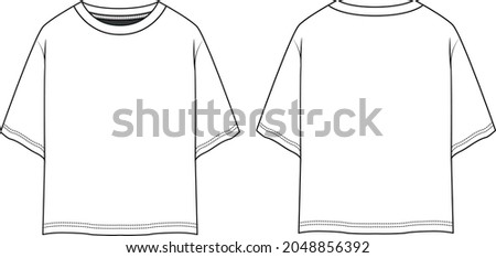 Crew neck jersey t-shirt technical fashion illustration with short sleeves, oversized body, tunic length. Flat sweater apparel template front back white color. Women men unisex outfit top CAD mockup Royalty-Free Stock Photo #2048856392