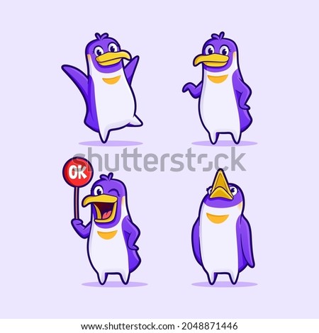 Cute purple penguin in various poses bundle set. Illustration vector