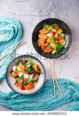 two salads on the table top view, Fresh vegetable salads on table flat lay. two dishes Restaurant, menu, buffet concept Royalty-Free Stock Photo #2048885015