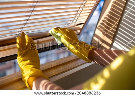 Professional cleaning of apartments and houses. Cleaning service in work clothes and rubber gloves washes the blinds. Wiping dust from a window Royalty-Free Stock Photo #2048886236