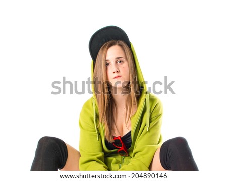 Skater with green sweatshirt over white background