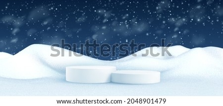 Christmas Winter landscape with snow drifts and product podium scene. 3D realistic snow background. Christmas Snow drifts isolated on transparent background. Vector illustration EPS10 Royalty-Free Stock Photo #2048901479