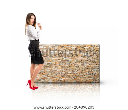 Rectangular placard with business woman over white background
