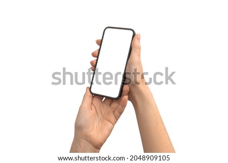 Hands holding mobile phone mockup screen isolated on a white background