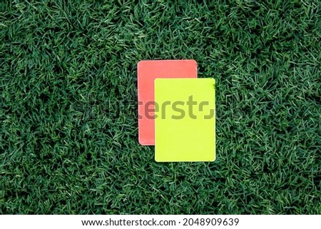 Referee soccer, football game, red and yellow cards on green grass. Two penalty cards for the referee