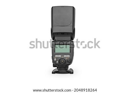 FLASH SPEEDLIGHT PHOTOGRAPHY FLASH Rear View LCD Display Photographic Flash Light Strobe Flashgun in Head Forward Angle. Portrait Lighting. Isolated on White Background. Clipping Path Included in JPEG
