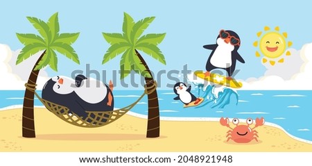 Cute penguin Relaxed with Summer  Beach background