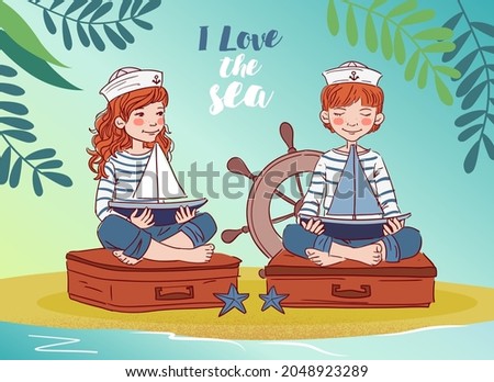 Cute boy and girl sitting on a suitcase and playing with toy sailing boat. Travel  vector concept