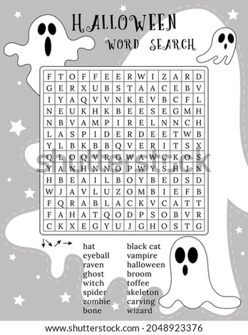 Happy Halloween word search puzzle. October crossword game. Printable worksheet for learning English words. Autumn theme. Find 16 hidden words. Vector illustration  with ghosts characters  Royalty-Free Stock Photo #2048923376