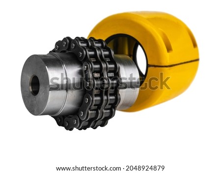 Chain gear is driven by an electric motor for industrial use on white background