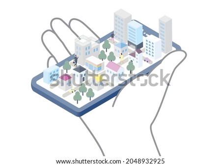 It is an illustration that imagines an online virtual city on a smartphone in your hand.