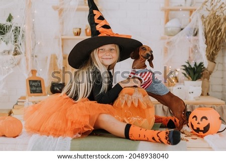 a baby girl with blue eyes and long white hair in a Halloween witch costume and a tiny dachshund in a dog jumpsuit are sitting on the floor in the room. space for text. High quality photo