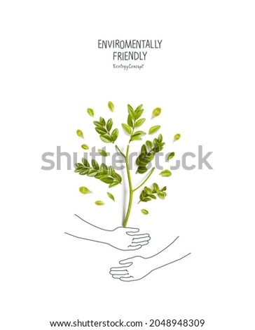 Environmentally friendly planet concept. Green tree, made of green leaves and sprout with sketches of hand holding plant. Think Green. Ecology Concept. Plant the tree. Protecting and love nature.Flat  Royalty-Free Stock Photo #2048948309